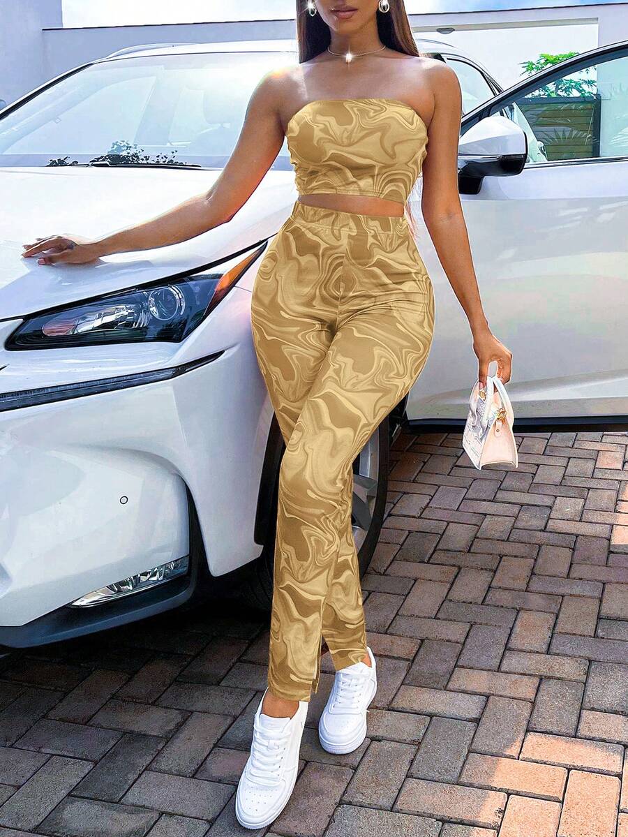 SHEIN Slayr 大理石圖案抹胸上衣和褲子 - 卡其色 - 查看 1