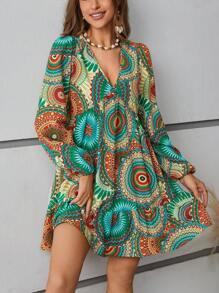 SHEIN VCAY 全印花荷葉邊鬆緊連衣裙 - 彩色 - 查看 5