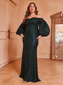 SHEIN Belle 豪華珠片泡袖宮廷風正式禮服,大尺碼晚禮服（重工業風格）