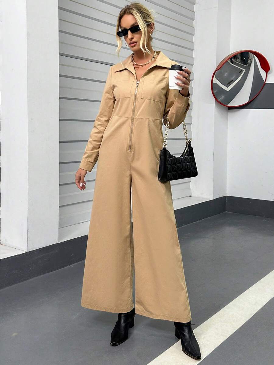 SHEIN Essnce Zip Up Wide Leg Jumpsuit - Khaki - View 1
