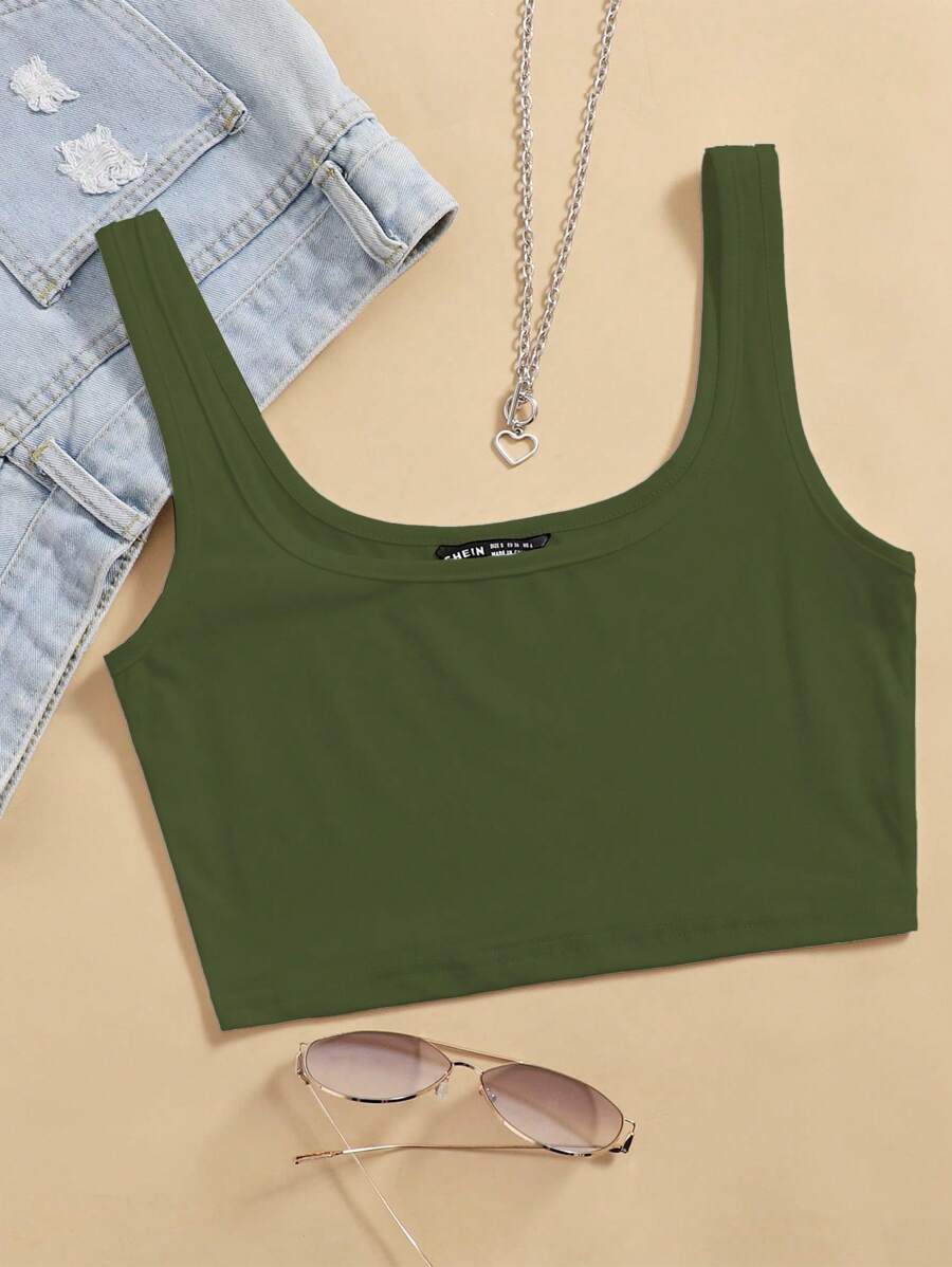 SHEIN Unity Solid Crop Tank Top - Army Green - View 1