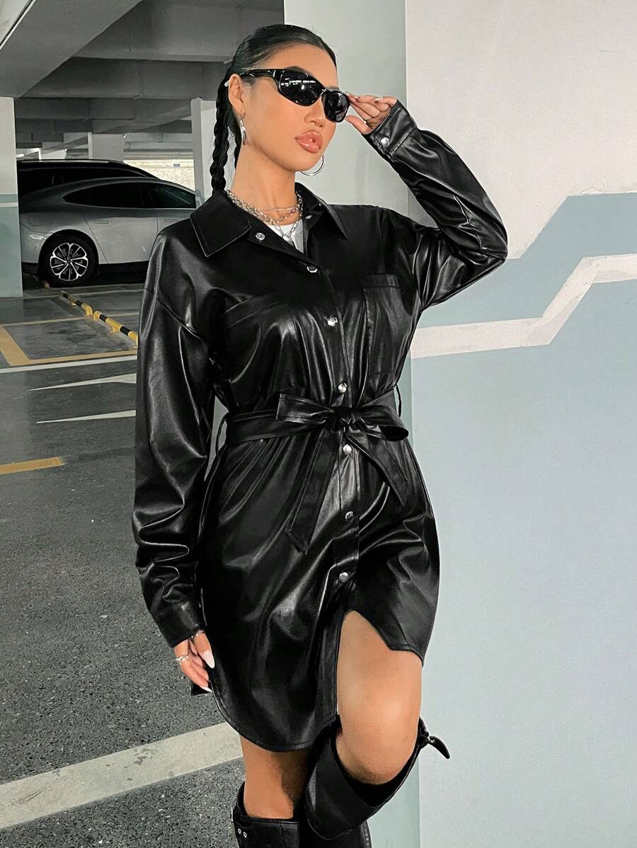 SHEIN EZwear 落肩袖腰帶外套 - 黑色 - 查看 1