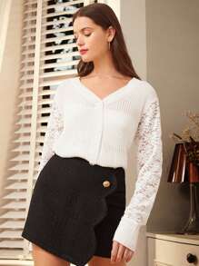SHEIN Frenchy Women's Patchwork Lace Long Sleeve Cardigan With Front Button