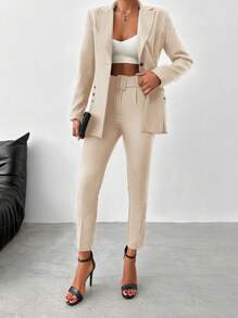 SHEIN Women's Solid Color Notch Lapel Suit Set With Long Coat And Pants - Beige - View 1