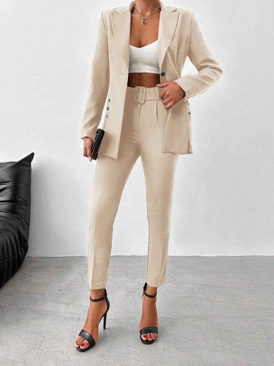 SHEIN Women's Solid Color Notch Lapel Suit Set With Long Coat And Pants - Beige - View 1
