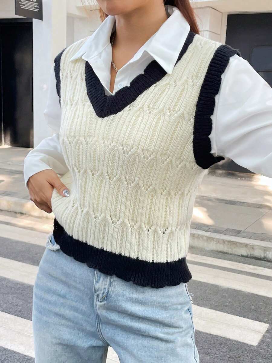 SHEIN Unity 拼接邊毛衣背心不帶襯衫 - 米色 - 查看 1