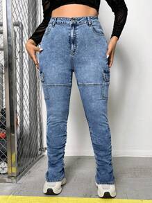 SHEIN ICON Plus High Waist Flap Pocket Side Stacked Jeans