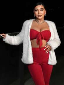 SHEIN SXY Solid Open Front Fuzzy Coat - Grey - View 1