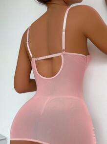 女性性感內衣裙( 帶鋼圈,t字褲,2條網襪)4件套裝 - 珊瑚粉 - 查看 2