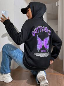 SHEIN Unity Slogan & Butterfly Print Drop Shoulder Hoodie - Black - View 5