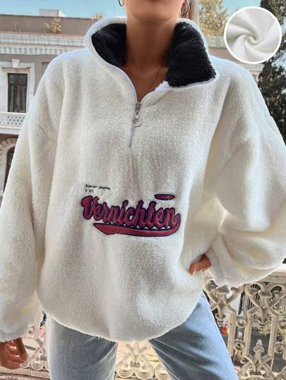 Cottnline Sudadera con bordado de letra con cremallera media de hombros caídos teddy