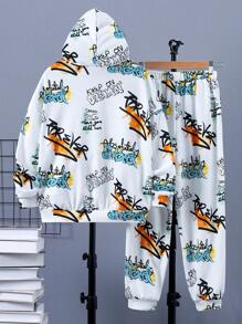 SHEIN Tween Boy Letter Graphic Hoodie & Sweatpants - Multicolor - View 2