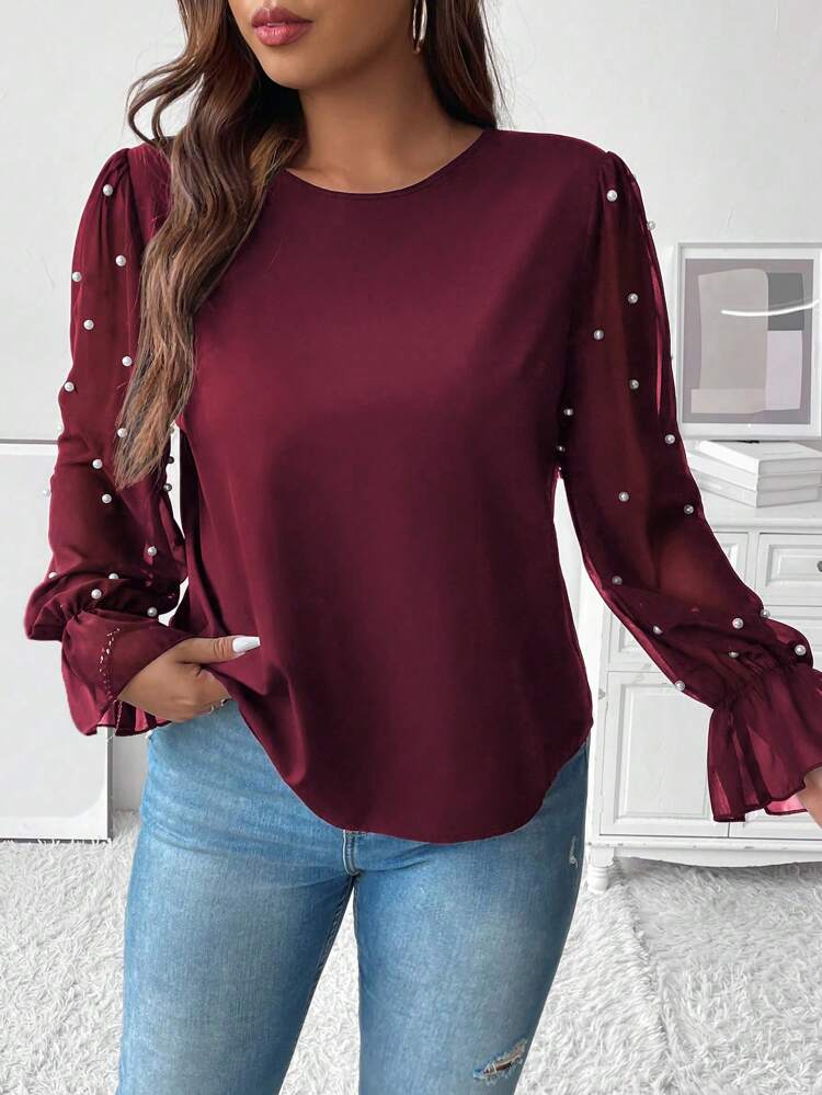 Plus Size Solid Color Round Neck Raglan Lantern Sleeve Beaded Elegant Blouse