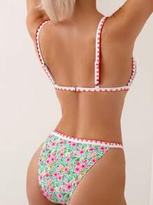 SHEIN Swim Summer Beach Floral Print Whip Stitch Bikini Set