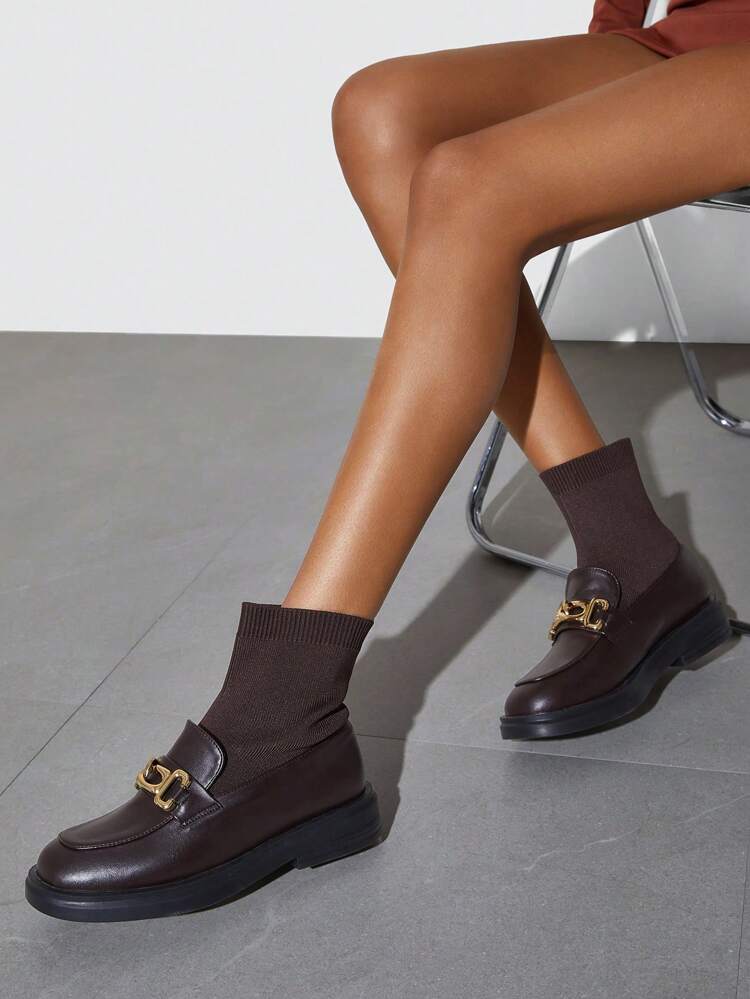 Women's Fashionable Brown Knit Slip-On Socks Boots With Metallic Decor