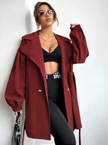 EURMUSE Lapel Button Trench Coat - Red - View 5