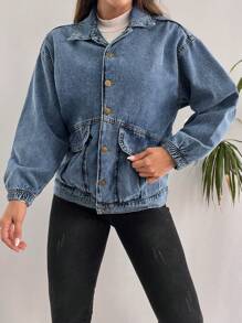 SHEIN Cottnline 翻蓋口袋落肩袖牛仔夾克 - 藍色 - 查看 4