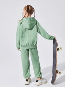 SHEIN Chica preadolescente Pantalones deportivos con capucha con bordado con patrón de slogan de hombros caídos - Verde - Ver 4