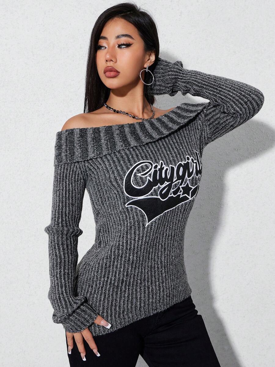 Zolique 女士字母刺繡露肩毛衣