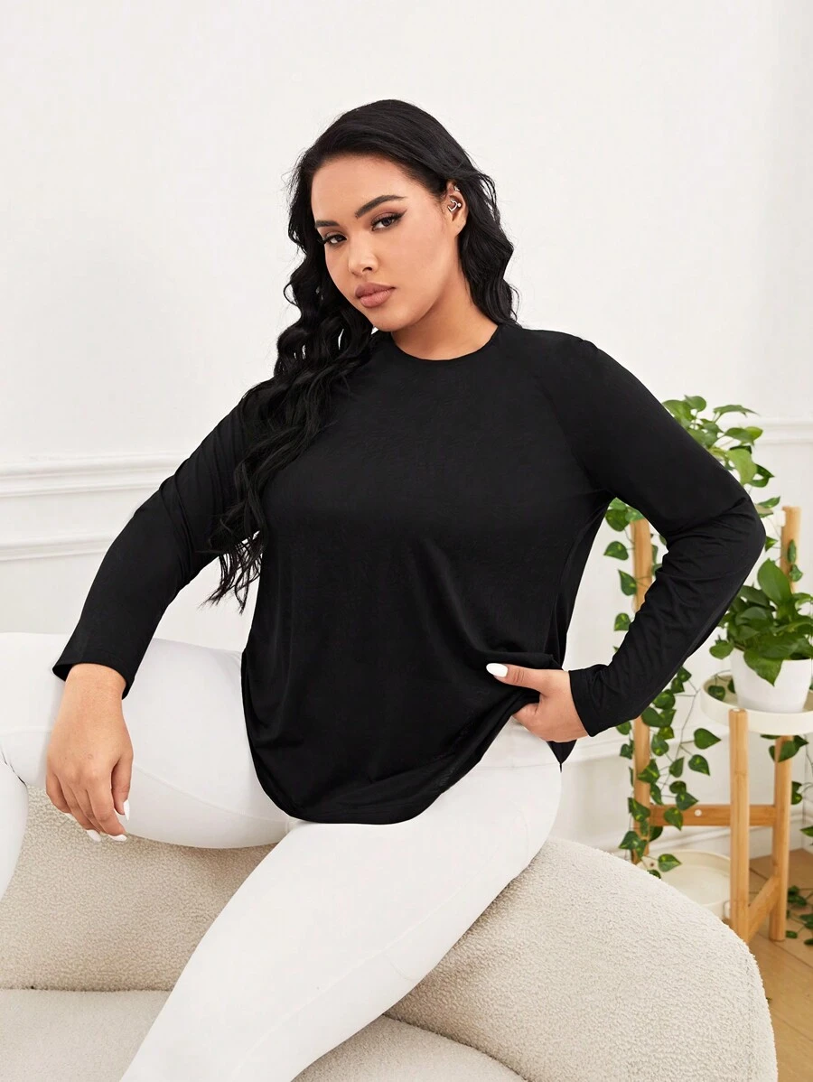SHEIN Yoga Basic 大碼素色插肩袖運動T恤 - 黑色 - 查看 1
