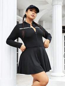 SHEIN Tennis Basic Hơn Dây kéo phía trước Tương phản ràng buộc Thể thao Đầm - màu đen - Xem 5