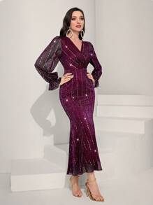 Modelyn 勃艮第红色荷叶边袖美人鱼下摆闪光连衣裙 - 酒紅色 - 查看 3