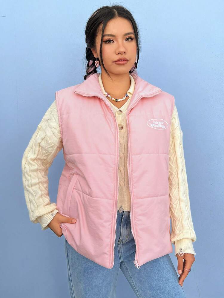 Women'S Sleeveless Padded Vest Padded Coat With Zipper Closure & Letter Design