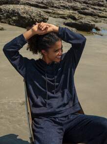 In My Nature Letter Graphic Drop Shoulder Drawstring Outdoor Sweatshirt - Black - View 3