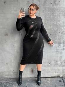 SHEIN ICON Hơn Rách Đầm Áo len - màu đen - Xem 3