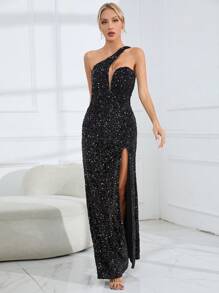 Allurite Asymmetrical Neck Split Thigh Sequin Dress - Black - View 6