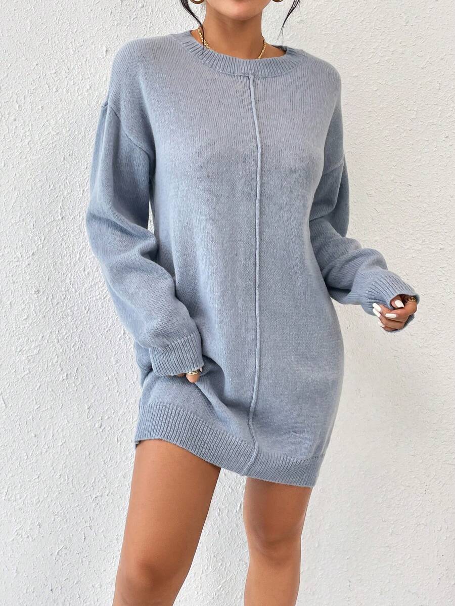SHEIN Frenchy Drop Shoulder Seam Detail Sweater Dress Without Belt - Grey - View 1