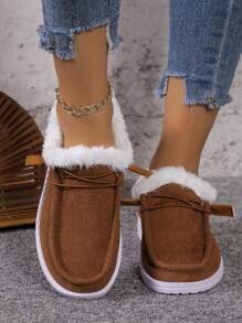 2023女性圓頭平底雪地靴帶加厚長毛絨襯墊,低胸和系帶設計 - 棕色 - 查看 4