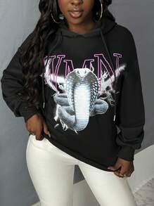 Slaydiva Letter & Snake Print Drop Shoulder Drawstring Hoodie - Hitam - View 1