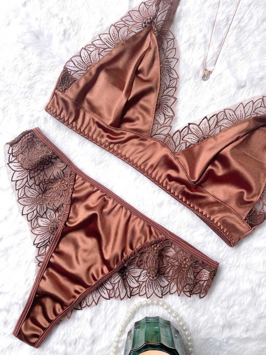 SHEIN 2 件組撞色蕾絲女式胸罩和內褲內衣套裝