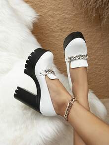 Women's Fashion New Metal Chain Punk Style Versatile Waterproof Platform Chunky High Heel Shoes For All Seasons - White - View 2