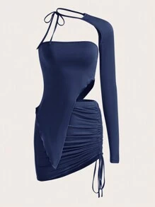 SHEIN ICON Solid Asymmetrical Hem Tube Top With One Sleeve & Drawstring Side Skirt - Navy Blue - View 1