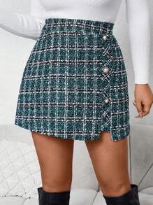 SHEIN Unity Plus fustă din tweed cu model în carouri, iarnă - Verde - Vizualizare 3