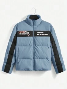Manfinity VCAY Abrigo acolchado oversize para hombre sin suéter, con diseño gráfico con letra y detalles de color en bloque, cierre con cremallera delantera