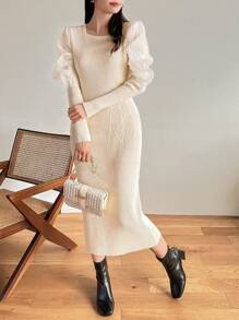 FRIFUL 素色條紋針織毛衣洋裝 - 杏色 - 查看 1