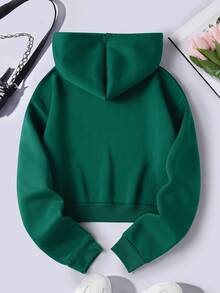 SHEIN Essnce 青蛙&印花加絨內裏抽繩短款連帽衫 - 墨綠色 - 查看 2