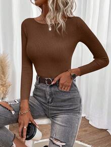 EURMUSE Solid Boat Neck Ribbed Knit Sweater - Coffee Brown - View 4