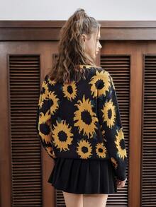 SHEIN EZwear Hoa hướng dương Thả vai Áo len - màu đen - Xem 2