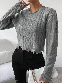 SHEIN Unity Xoắn Dan Chi tiết Nút Áo len Distressed - Xám - Xem 3