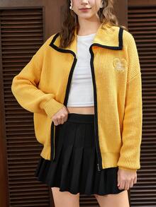 SHEIN EZwear Thêu trái tim Tương phản ràng buộc Thả vai Dây kéo Áo len Mở - Màu vàng - Xem 3