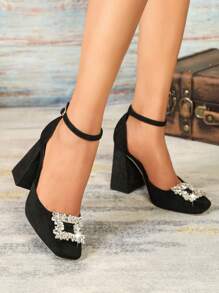 時尚風格女性粗高跟鞋泵鞋帶方頭和中間背帶 - 黑色 - 查看 2