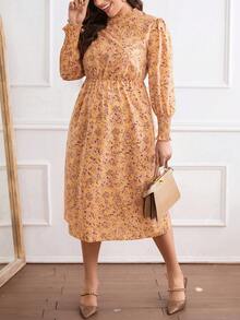 SHEIN Privé 大碼碎花小高領燈籠袖洋裝 - 黃色 - 查看 4