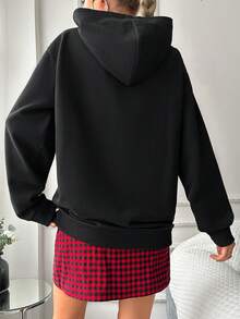 SHEIN Cottnline 字母圖案落肩袖連帽衫 - 黑色 - 查看 2