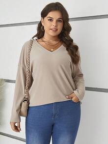 SHEIN LUNE Hơn Áo thun Thả vai - Màu Khaki - Xem 4