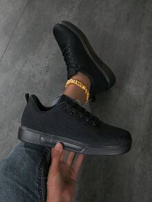 女式针织纯色轻便休闲时尚运动鞋 - 黑色 - 查看 5