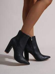 2025秋冬新款粗跟短靴女尖头高跟靴欧美时尚细跟靴 - 黑色 - 查看 6